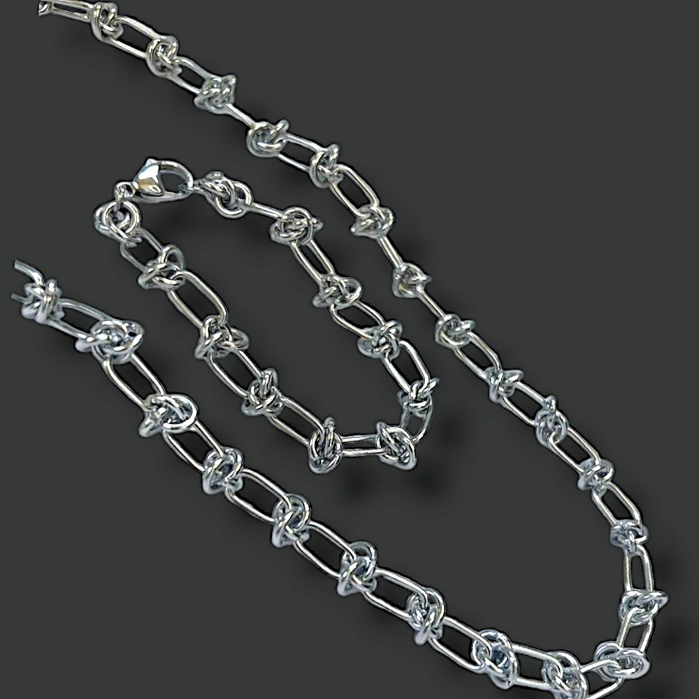 2 PC Set 6MM Stainless Steel Knot Link Chain Necklace 16" & 6-8"  Bracelet